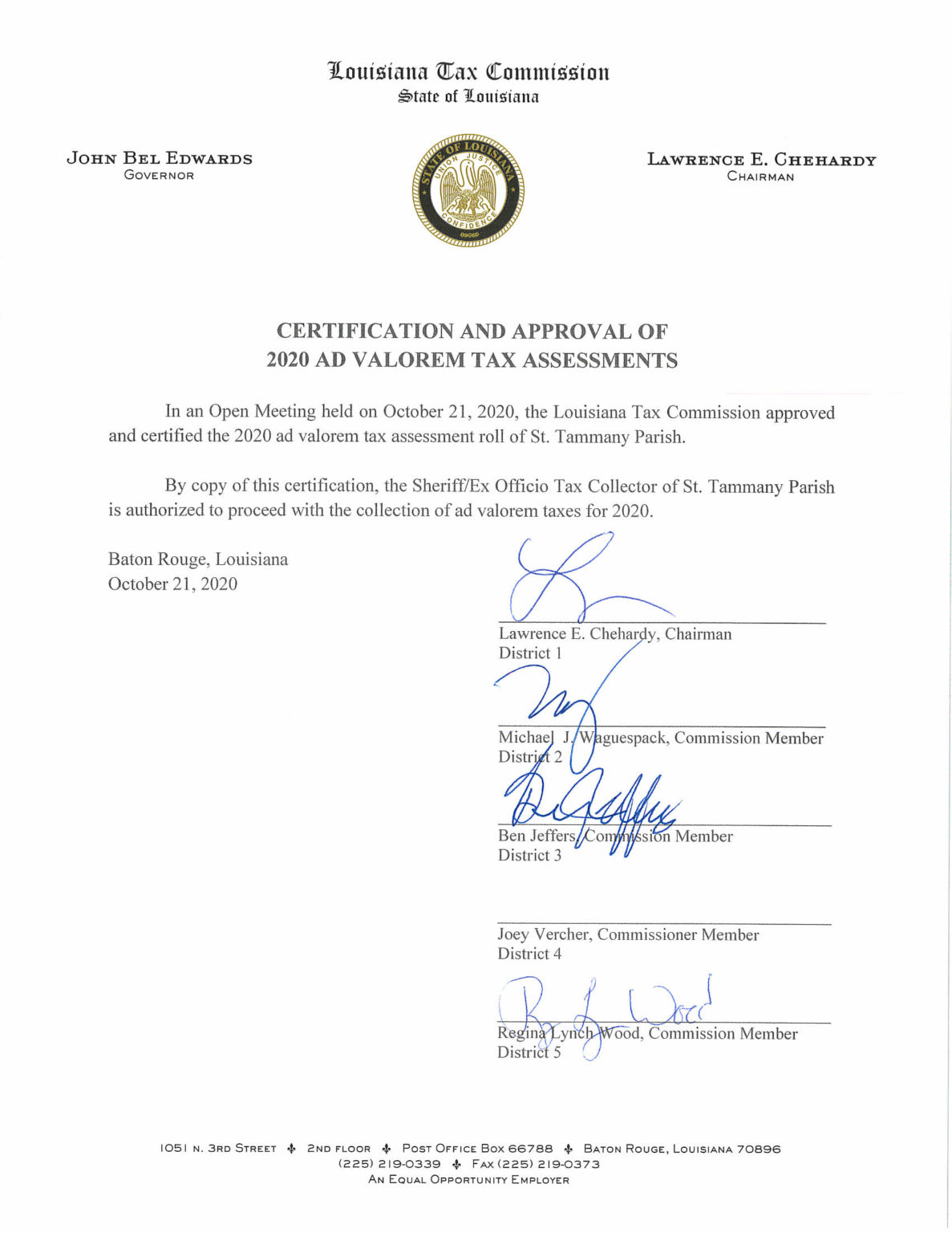 LA Tax Commission Approval Letter St. Tammany Parish Assessor's Office