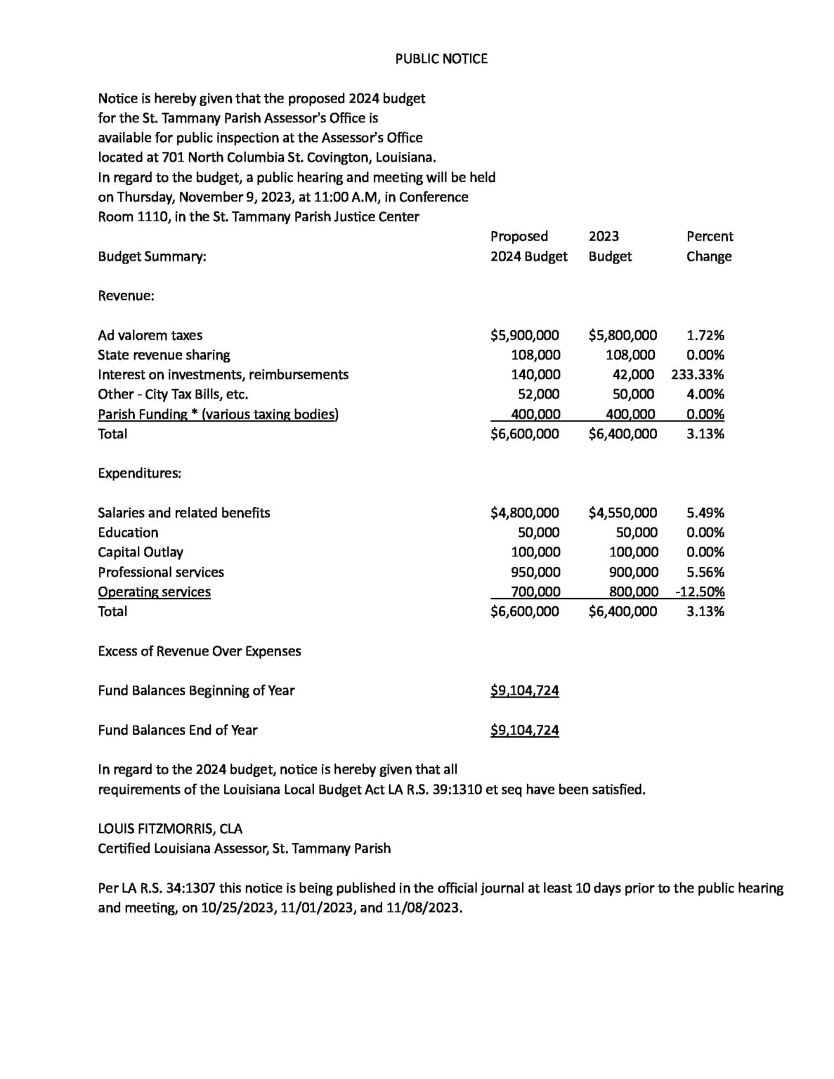 2024 Budget Public Notice St. Tammany Parish Assessor's Office